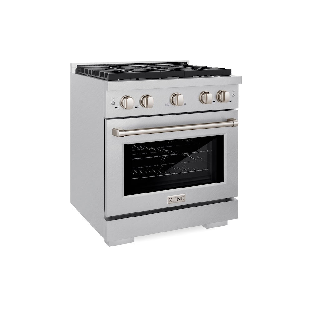 ZLINE 30 in. 4.2 cu. ft. Paramount Dual Fuel Range with 4 Burner Gas Cooktop and Electric Convection Oven in DuraSnow® Stainless Steel (SDRS-30) side, oven closed.