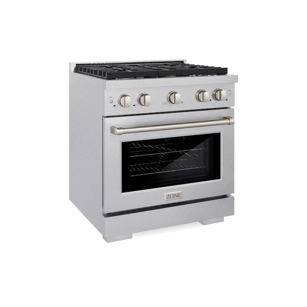 ZLINE 30 in. 4.2 cu. ft. Paramount Dual Fuel Range with Gas Cooktop and Electric Convection Oven in DuraSnow® Stainless Steel with 4 Brass Burners (SDRS-BR-30) side, oven closed.