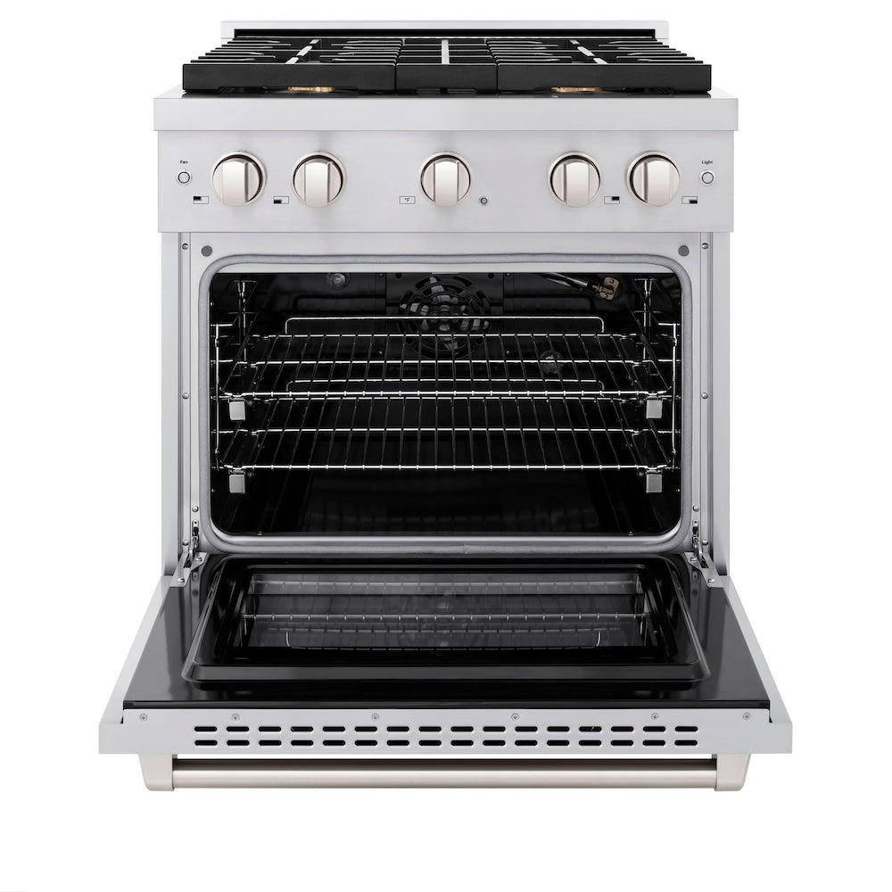 ZLINE 30 in. 4.2 cu. ft. Paramount Gas Range with Convection Gas Oven in Stainless Steel with 4 Brass Burners (SGR-BR-30) front, oven open.