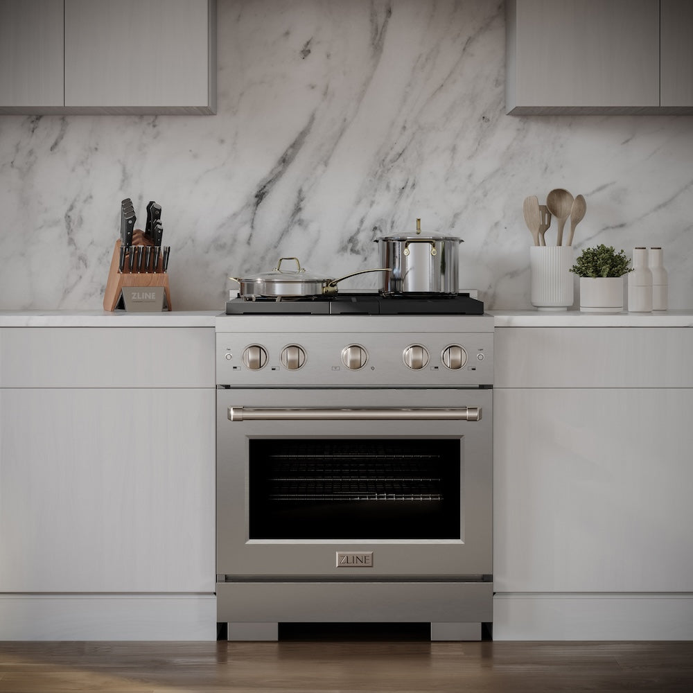 ZLINE 30 in. 4.2 cu. ft. Paramount Gas Range with Convection Gas Oven in Stainless Steel with 4 Brass Burners (SGR-BR-30) in a luxury kitchen.