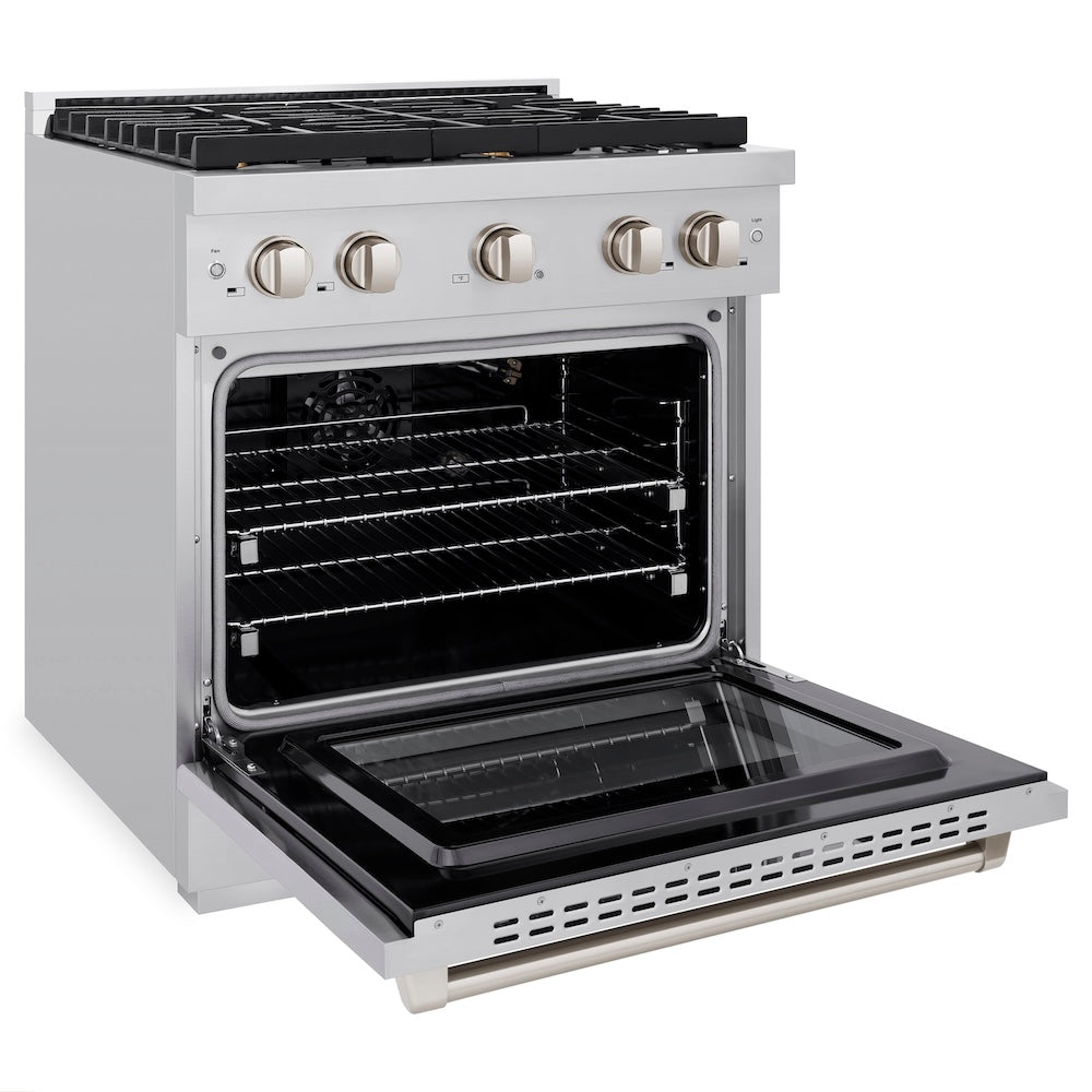 ZLINE 30 in. 4.2 cu. ft. Paramount Gas Range with Convection Gas Oven in Stainless Steel with 4 Brass Burners (SGR-BR-30) side, oven open.