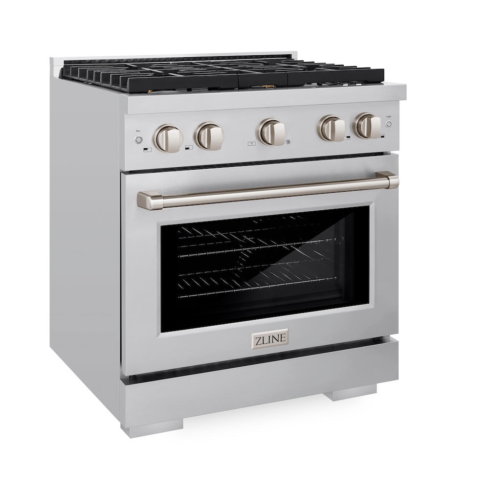 ZLINE 30 in. 4.2 cu. ft. Paramount Gas Range with Convection Gas Oven in Stainless Steel with 4 Brass Burners (SGR-BR-30) side, oven closed.