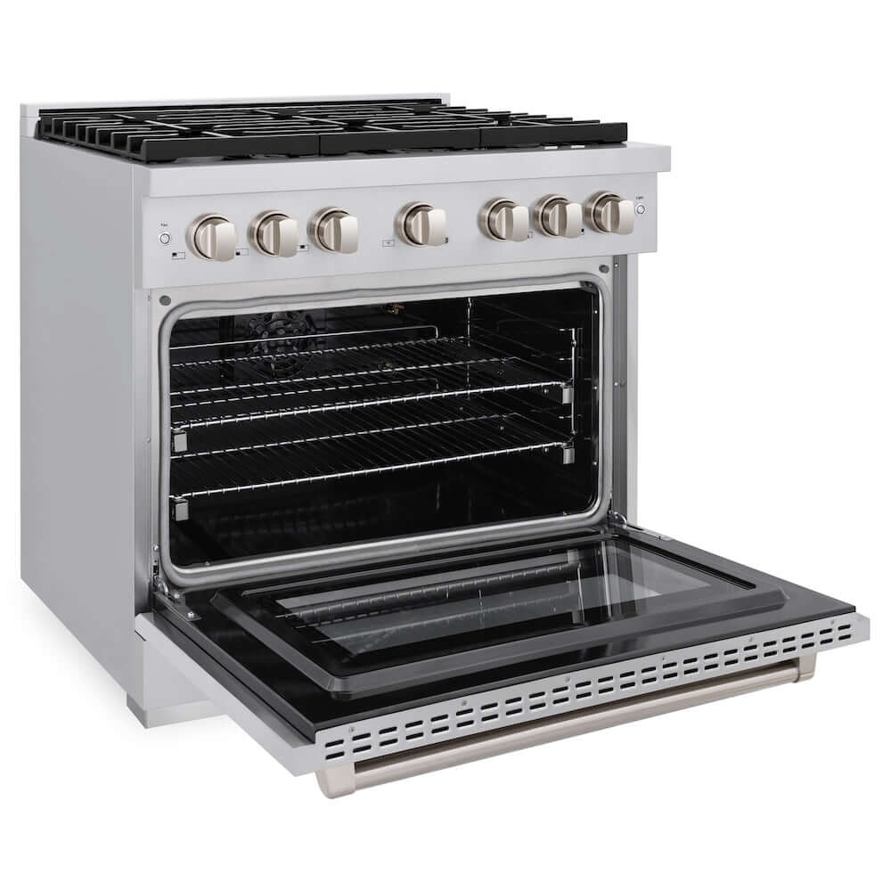 ZLINE 36 in. 5.2 cu. ft. Gas Range with Convection Gas Oven in Stainless Steel with 6 Brass Burners (SGR-BR-36) side, oven open.