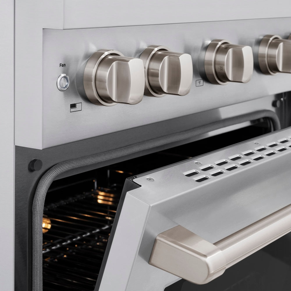 ZLINE 30 in. 4.2 cu. ft. Paramount Gas Range with 4 Burner Cooktop and Convection Gas Oven in Stainless Steel (SGR30) close-up detail, oven door partially open.