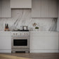 Modern kitchen with ZLINE 30 in. 4.2 cu. ft. Paramount Gas Range with 4 Burner Cooktop and Convection Gas Oven in Stainless Steel (SGR30) and marble backsplash, front.