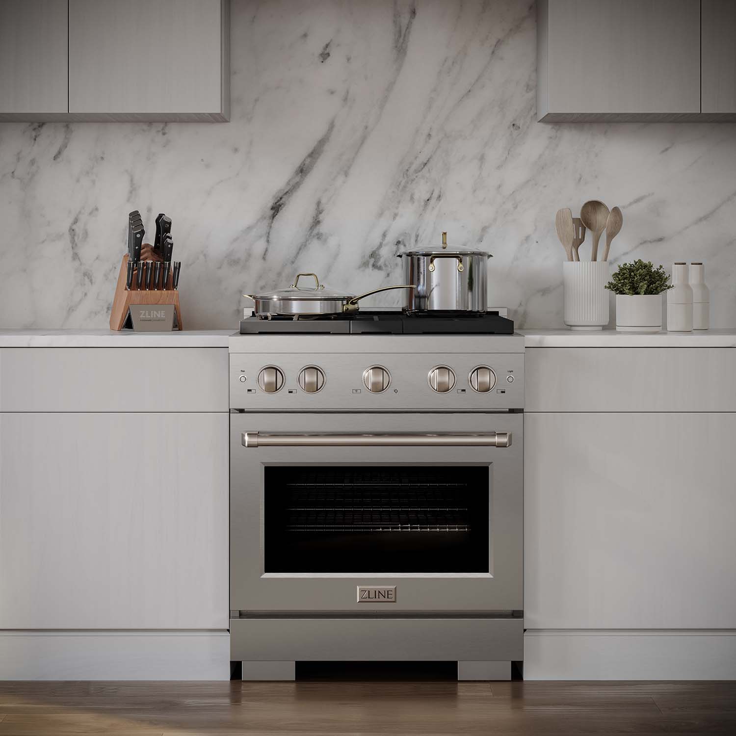 ZLINE 30" Stainless Steel Gas Range in a modern luxury kitchen.