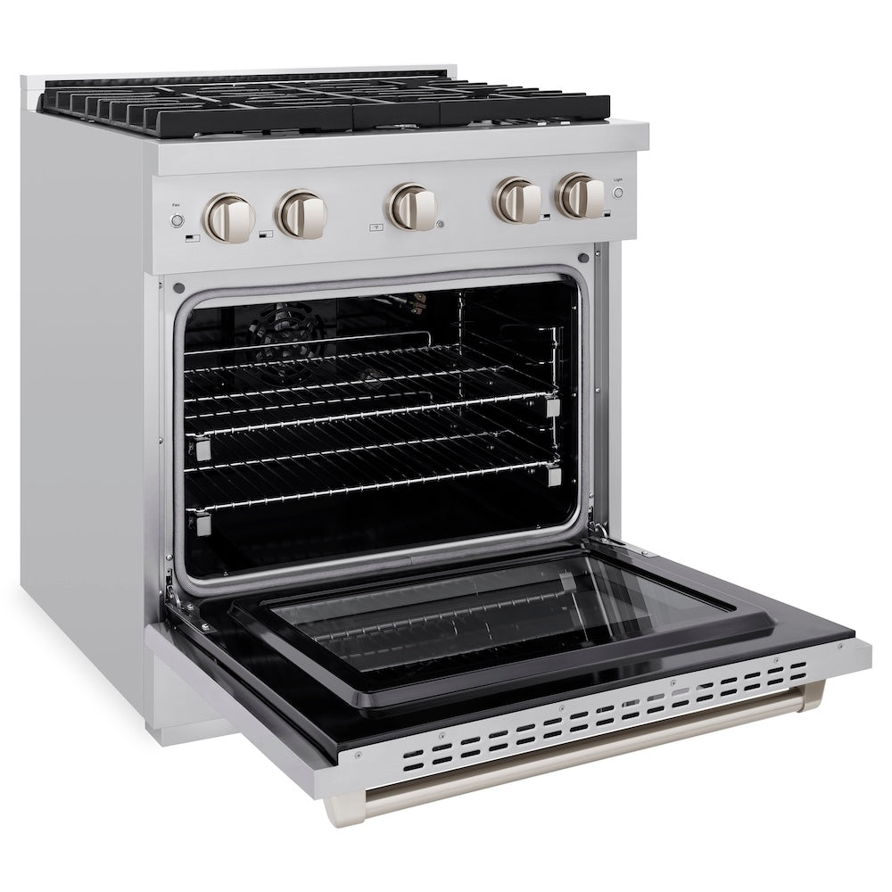 ZLINE 30 in. 4.2 cu. ft. Paramount Gas Range with 4 Burner Cooktop and Convection Gas Oven in Stainless Steel (SGR30) side, open.