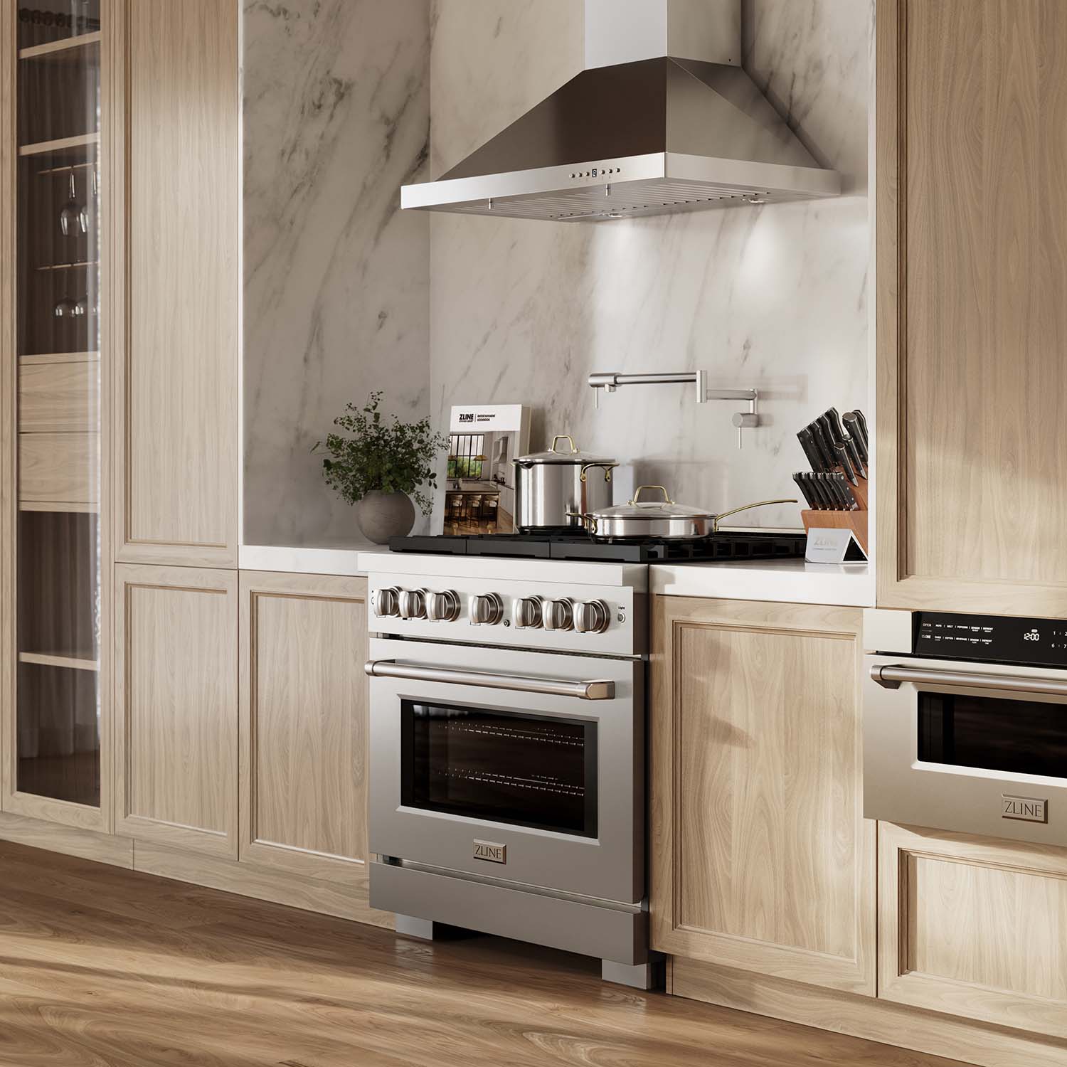 ZLINE 36" Stainless Steel Gas Range in a luxury kitchen side angle.