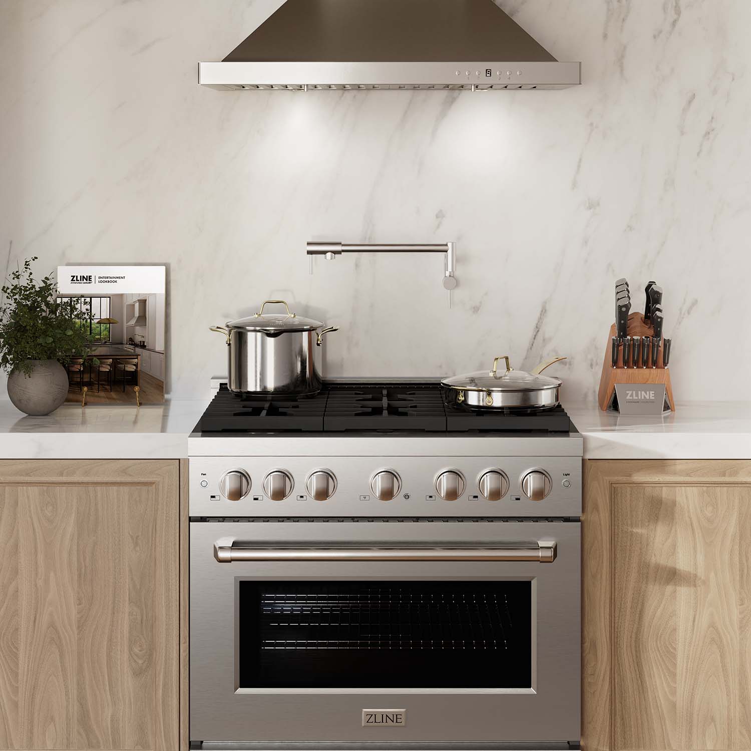 ZLINE 36" Stainless Steel Gas Range in luxury kitchen front.