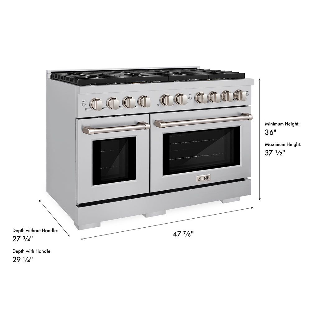 ZLINE 48 in. 6.7 cu. ft. Paramount Double Oven Gas Range with 8 Burner Cooktop in Stainless Steel (SGR48) dimensional diagram.