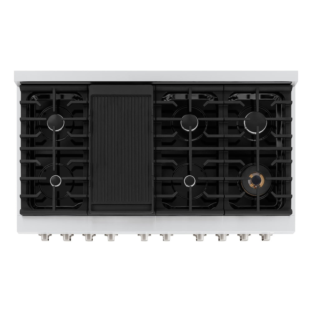 ZLINE 48 in. 6.7 cu. ft. 8 Burner Double Oven Gas Range in Stainless Steel (SGR48) from above showing cooktop.