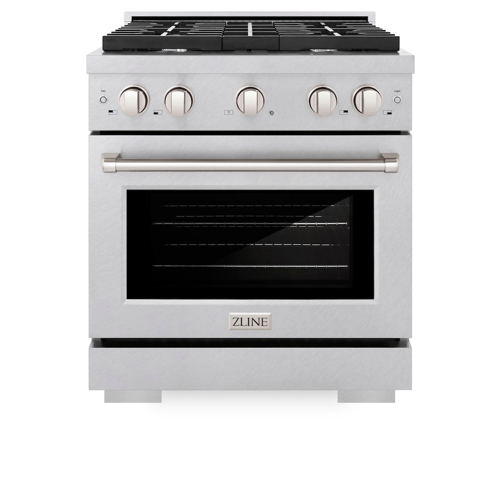 ZLINE 30 in. 4.2 cu. ft. Paramount Gas Range with 4 Burner Cooktop and Convection Gas Oven in DuraSnow® Stainless Steel (SGRS-30) front, oven closed.