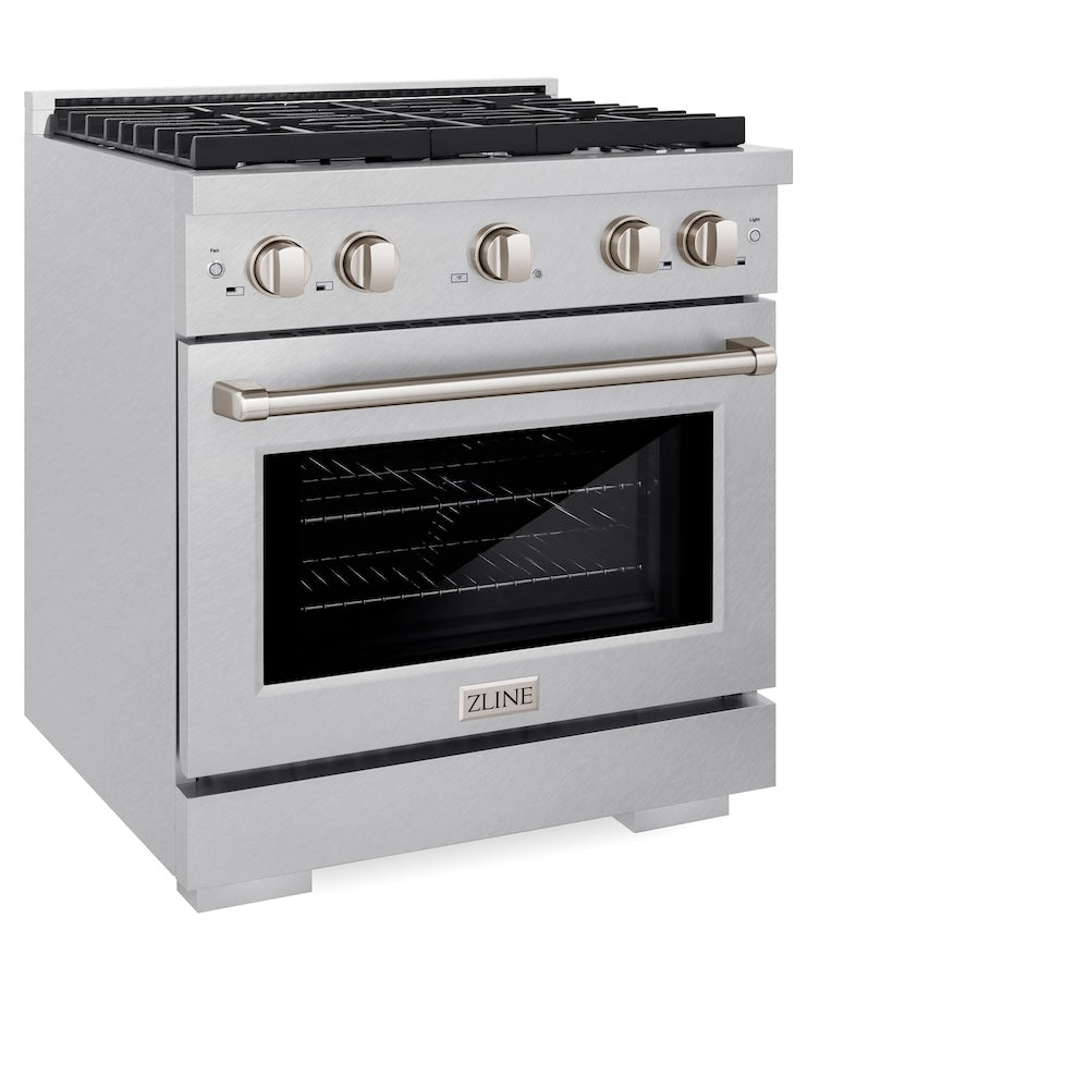 ZLINE 30 in. 4.2 cu. ft. Paramount Gas Range with 4 Burner Cooktop and Convection Gas Oven in DuraSnow® Stainless Steel (SGRS-30) side, oven closed.