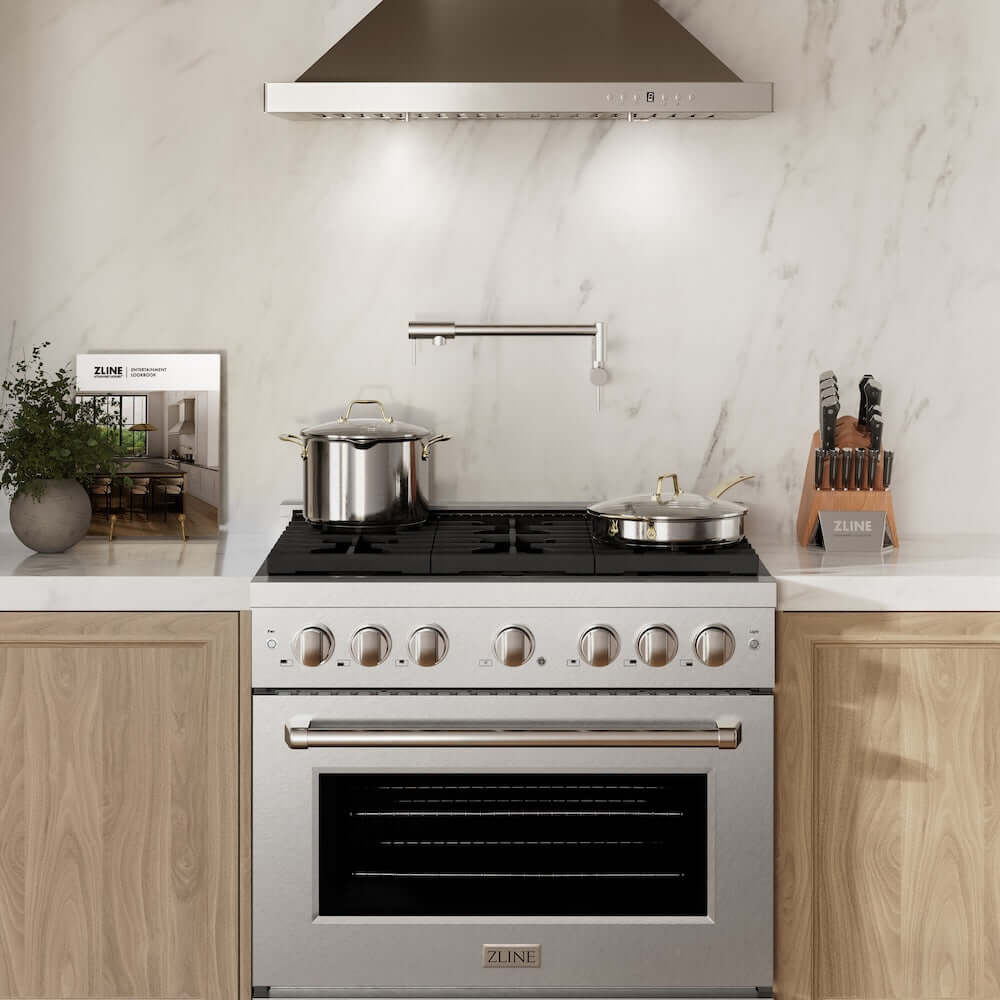 ZLINE 36 in. 5.2 cu. ft. Gas Range with Convection Gas Oven in DuraSnow® Stainless Steel with 6 Brass Burners (SGRS-BR-36) front, oven closed.