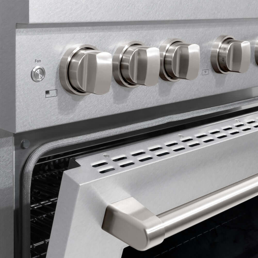 ZLINE 48 in. 6.7 cu. ft. 8 Burner Double Oven Gas Range in DuraSnow® Stainless Steel (SGRS-48) oven door detail close-up.