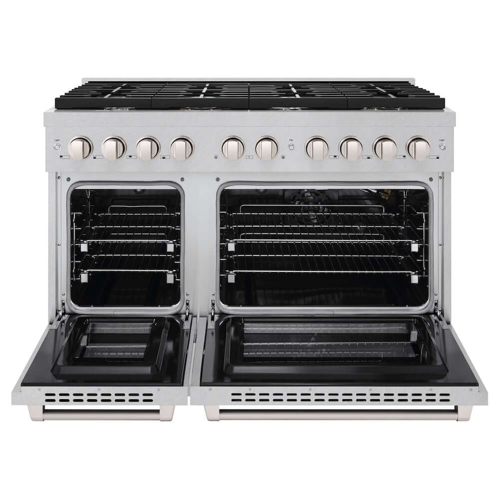 ZLINE 48 in. 6.7 cu. ft. 8 Burner Double Oven Gas Range in DuraSnow® Stainless Steel (SGRS-48) front, oven open.