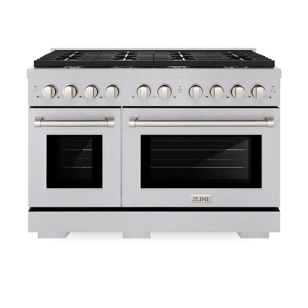 ZLINE 48 in. 6.7 cu. ft. Paramount Double Oven Gas Range with 8 Burner Cooktop in DuraSnow® Stainless Steel (SGRS-48) front, oven closed.