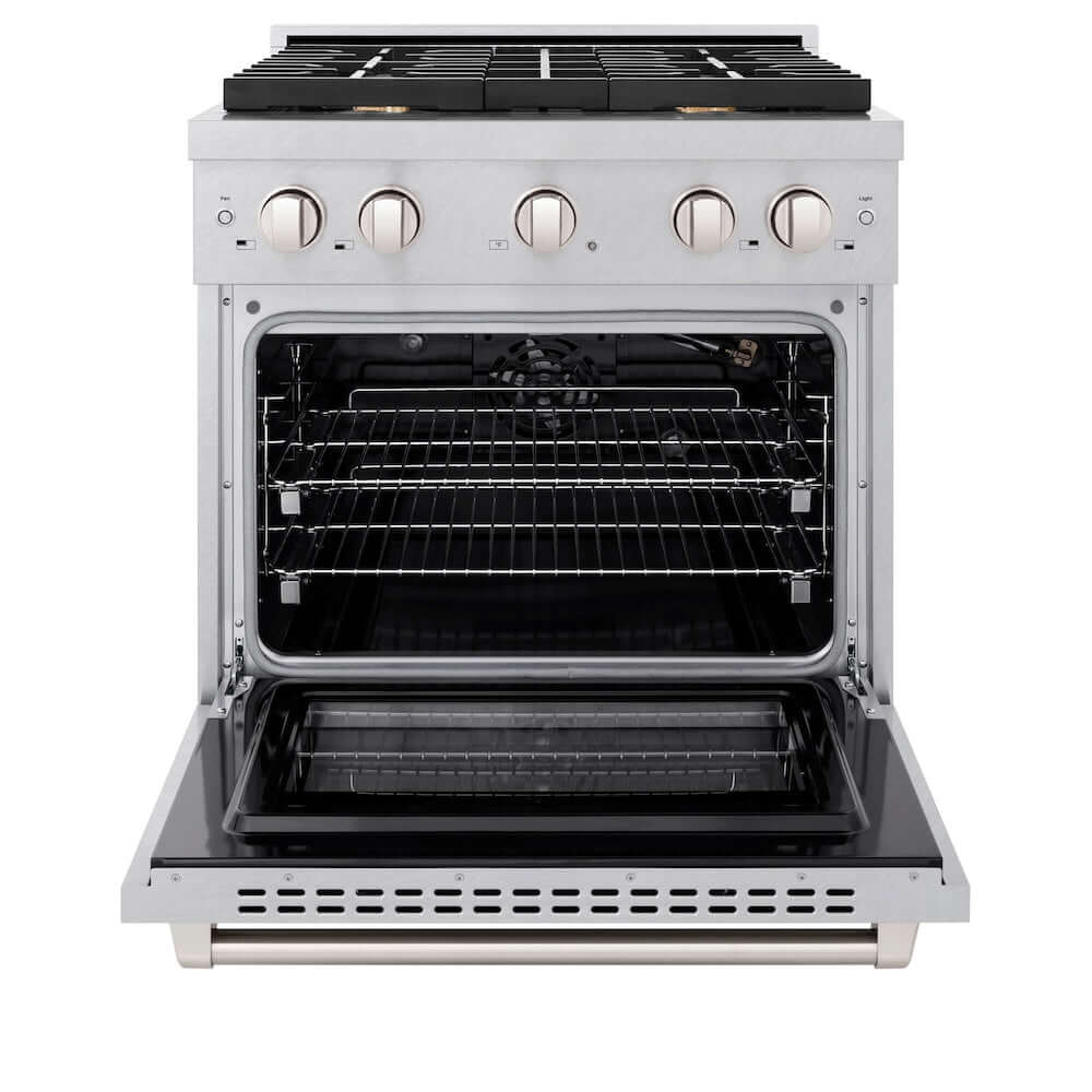 ZLINE 30 in. 4.2 cu. ft. Gas Range with Convection Gas Oven in DuraSnow® Stainless Steel with 4 Brass Burners (SGRS-BR-30) front, oven open.