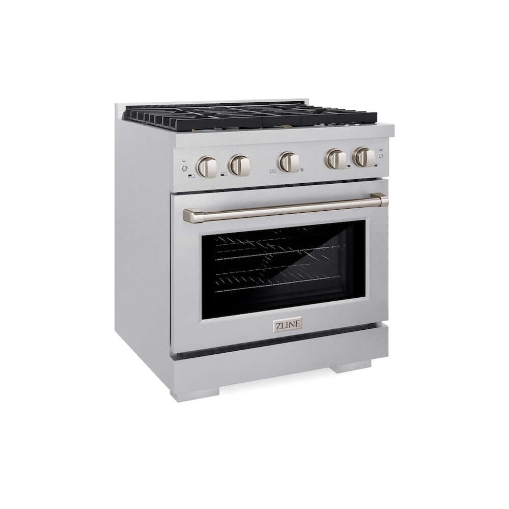 ZLINE 30 in. 4.2 cu. ft. Paramount Gas Range with Convection Gas Oven in DuraSnow® Stainless Steel with 4 Brass Burners (SGRS-BR-30) side, oven closed.