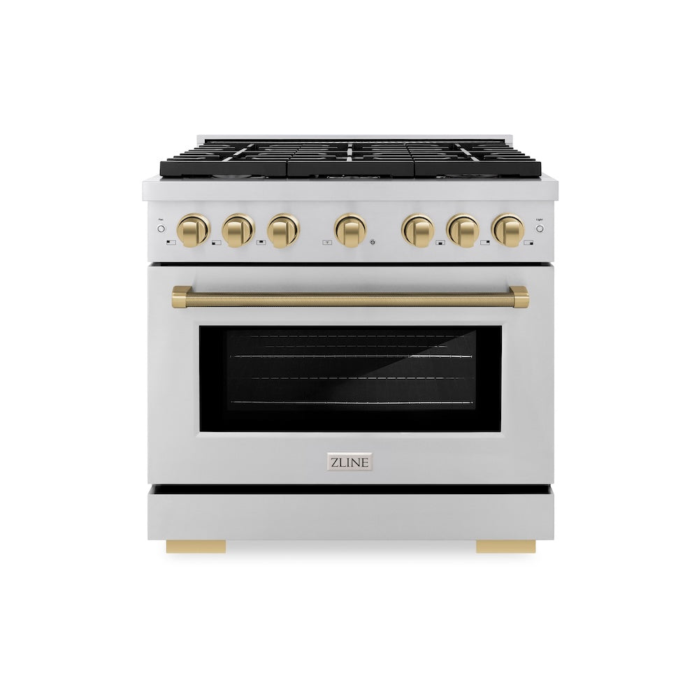 ZLINE Autograph Edition 36 in. 5.2 cu. ft. Paramount Gas Range with 6 Burner Cooktop and Convection Gas Oven in Stainless Steel with Champagne Bronze Helix Handle and Knob Accents (SGRZ-36-KCB)