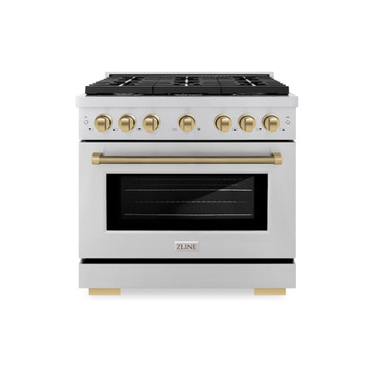 ZLINE Autograph Edition 36 in. 5.2 cu. ft. Paramount Gas Range with 6 Burner Cooktop and Convection Gas Oven in Stainless Steel with Champagne Bronze Helix Handle and Knob Accents (SGRZ-36-KCB)