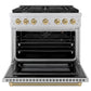 ZLINE Autograph Edition 36 in. 5.2 cu. ft. Paramount Gas Range with 6 Burner Cooktop and Convection Gas Oven in Stainless Steel with Champagne Bronze Helix Handle and Knob Accents (SGRZ-36-KCB) front, open.