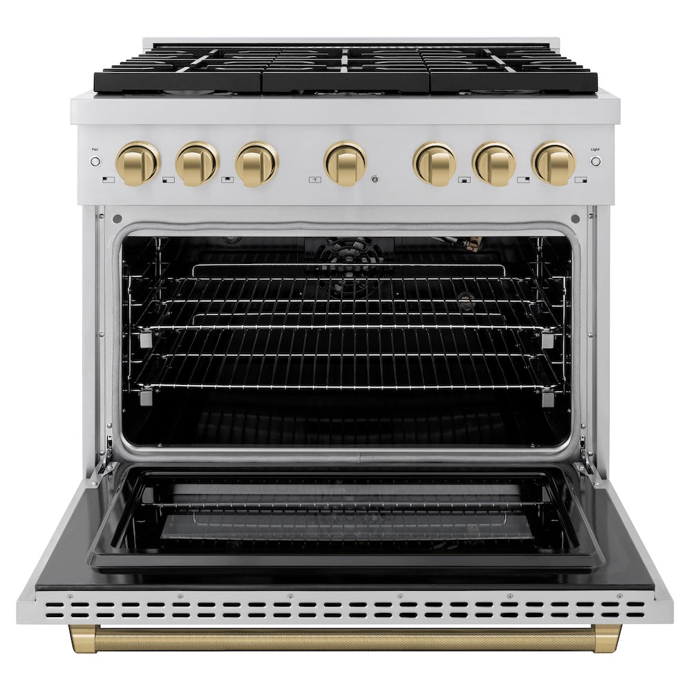 ZLINE Autograph Edition 36 in. 5.2 cu. ft. Paramount Gas Range with 6 Burner Cooktop and Convection Gas Oven in Stainless Steel with Champagne Bronze Helix Handle and Knob Accents (SGRZ-36-KCB) front, open.