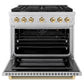 ZLINE Autograph Edition 36 in. 5.2 cu. ft. Paramount Gas Range with 6 Burner Cooktop and Convection Gas Oven in Stainless Steel with Polished Gold Helix Handle and Knob Accents (SGRZ-36-KG) front, open.
