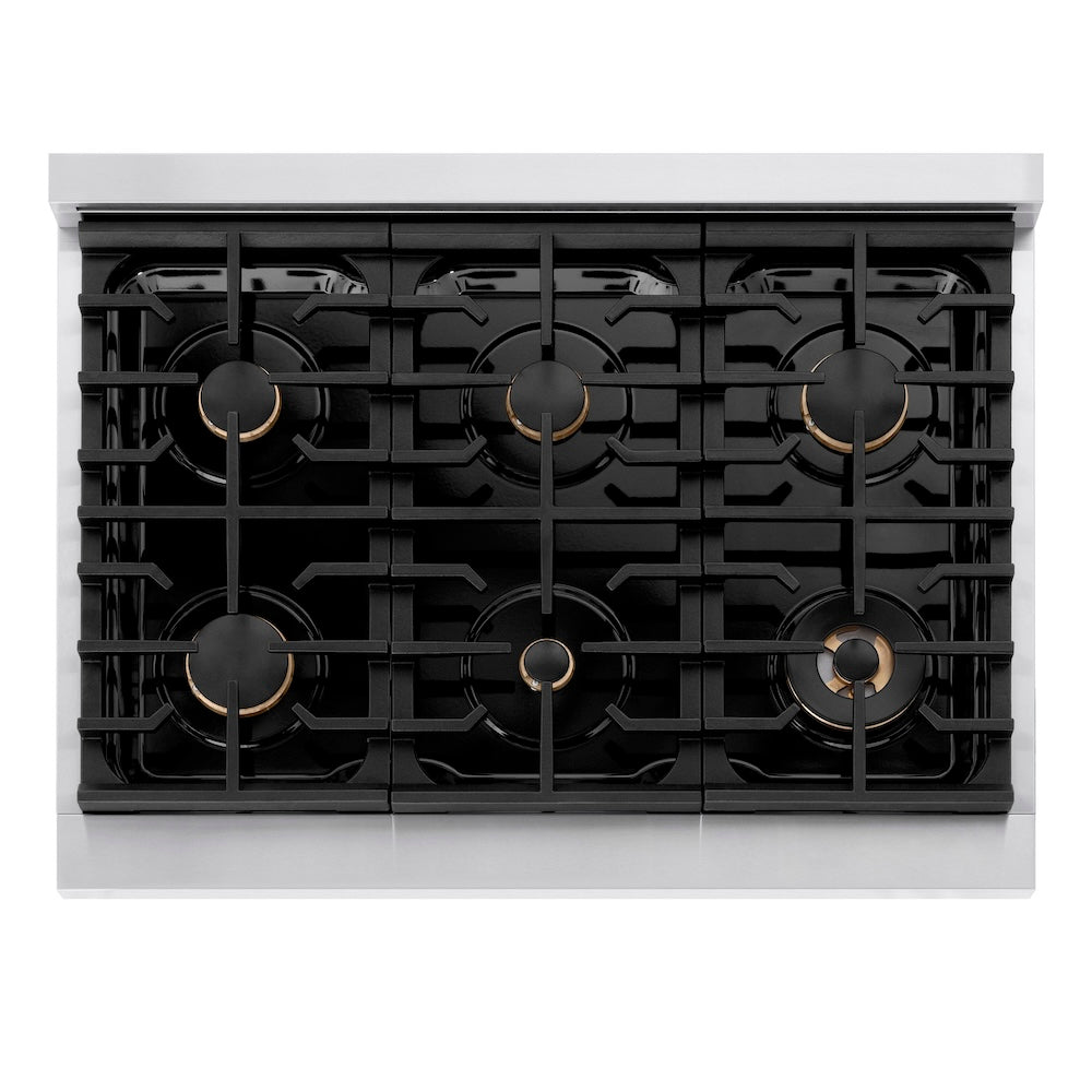 ZLINE Autograph Edition 36 in. 5.2 cu. ft. Paramount Gas Range with 6 Burner Cooktop and Convection Gas Oven in Stainless Steel with Polished Gold Helix Handle and Knob Accents (SGRZ-36-KG) top-down, above cooktop.