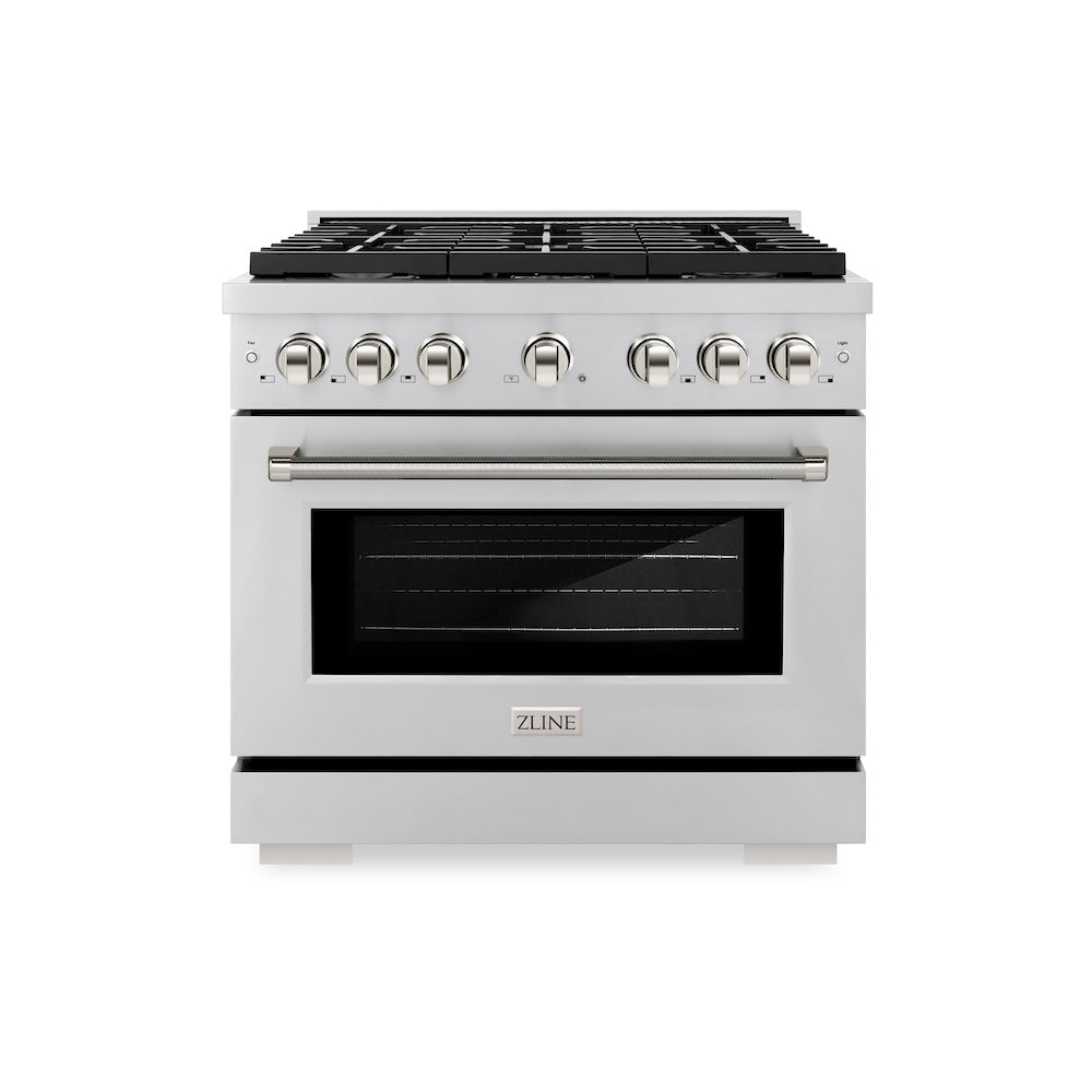 ZLINE Autograph Edition 36 in. 5.2 cu. ft. Paramount Gas Range with 6 Burner Cooktop and Convection Gas Oven in Stainless Steel with Polished Nickel Helix Handle and Knob Accents (SGRZ-36-KPN)