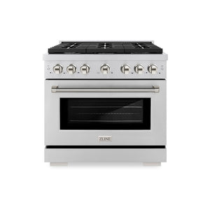 ZLINE Autograph Edition 36 in. 5.2 cu. ft. Paramount Gas Range with 6 Burner Cooktop and Convection Gas Oven in Stainless Steel with Polished Nickel Helix Handle and Knob Accents (SGRZ-36-KPN) main image.