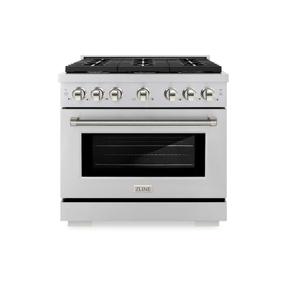 ZLINE Autograph Edition 36 in. 5.2 cu. ft. Paramount Gas Range with 6 Burner Cooktop and Convection Gas Oven in Stainless Steel with Polished Nickel Helix Handle and Knob Accents (SGRZ-36-KPN)