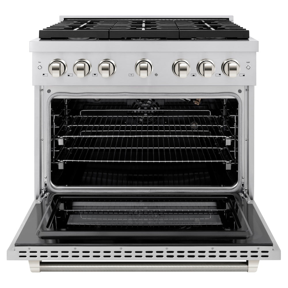 ZLINE Autograph Edition 36 in. 5.2 cu. ft. Paramount Gas Range with 6 Burner Cooktop and Convection Gas Oven in Stainless Steel with Polished Nickel Helix Handle and Knob Accents (SGRZ-36-KPN) front, open.