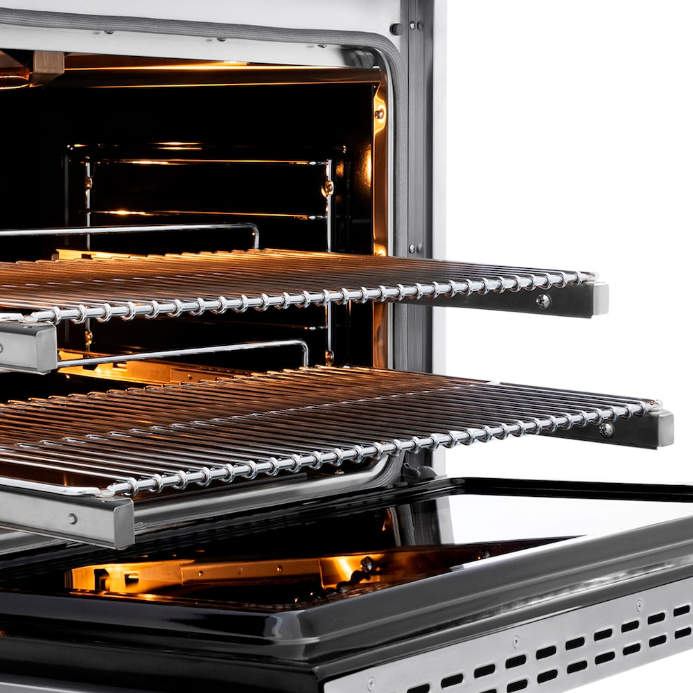 ZLINE Autograph Edition 36 in. 5.2 cu. ft. Paramount Gas Range with 6 Burner Cooktop and Convection Gas Oven in Stainless Steel with Polished Nickel Helix Handle and Knob Accents (SGRZ-36-KPN) side, open, close-up, racks extended showing interior details.