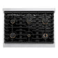 ZLINE Autograph Edition 36 in. 5.2 cu. ft. Paramount Gas Range with 6 Burner Cooktop and Convection Gas Oven in Stainless Steel with Polished Nickel Helix Handle and Knob Accents (SGRZ-36-KPN) top-down, above cooktop.