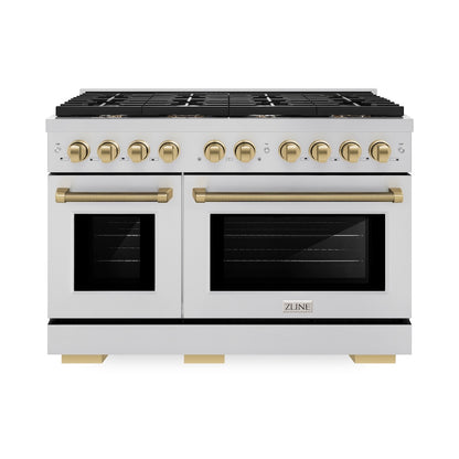 ZLINE Autograph Edition 48 in. 6.7 cu. ft. Paramount Double Oven Gas Range with 8 Burner Cooktop in Stainless Steel and Champagne Bronze Helix Handles and Knob Accents (SGRZ-48-KCB)