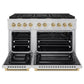 ZLINE Autograph Edition 48 in. 6.7 cu. ft. Paramount Double Oven Gas Range with 8 Burner Cooktop in Stainless Steel and Champagne Bronze Helix Handles and Knob Accents (SGRZ-48-KCB) front, open.