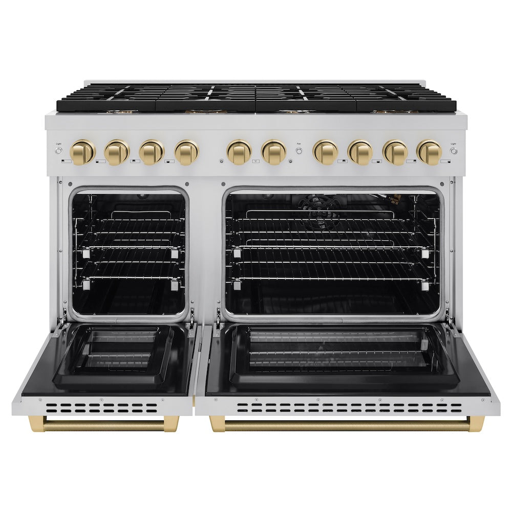 ZLINE Autograph Edition 48 in. 6.7 cu. ft. Paramount Double Oven Gas Range with 8 Burner Cooktop in Stainless Steel and Champagne Bronze Helix Handles and Knob Accents (SGRZ-48-KCB) front, open.
