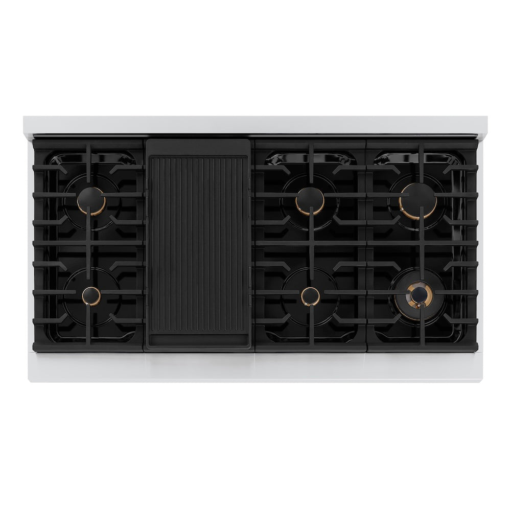 ZLINE Autograph Edition 48 in. 6.7 cu. ft. Paramount Double Oven Gas Range with 8 Burner Cooktop in Stainless Steel and Champagne Bronze Helix Handles and Knob Accents (SGRZ-48-KCB) top-down, above cooktop.