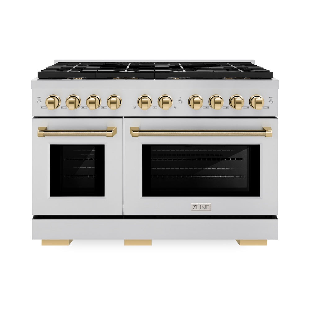 ZLINE Autograph Edition 48 in. 6.7 cu. ft. Paramount Double Oven Gas Range with 8 Burner Cooktop in Stainless Steel and Polished Gold Helix Handles and Knob Accents (SGRZ-48-KG) main image.