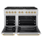 ZLINE Autograph Edition 48 in. 6.7 cu. ft. Paramount Double Oven Gas Range with 8 Burner Cooktop in Stainless Steel and Polished Gold Helix Handles and Knob Accents (SGRZ-48-KG) front, open.