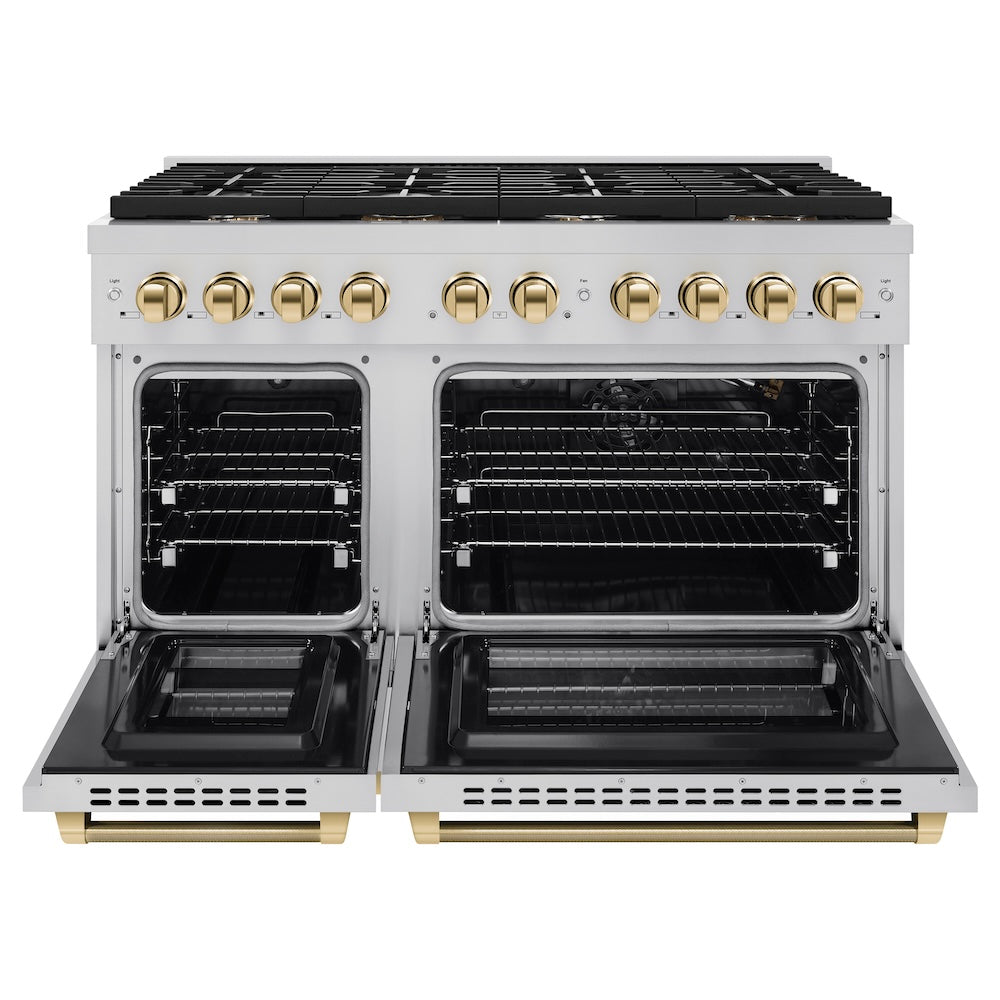 ZLINE Autograph Edition 48 in. 6.7 cu. ft. Paramount Double Oven Gas Range with 8 Burner Cooktop in Stainless Steel and Polished Gold Helix Handles and Knob Accents (SGRZ-48-KG) front, open.