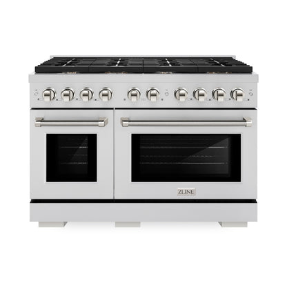 ZLINE Autograph Edition 48 in. 6.7 cu. ft. Paramount Double Oven Gas Range with 8 Burner Cooktop in Stainless Steel and Polished Nickel Helix Handles and Knob Accents (SGRZ-48-KPN)