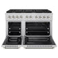 ZLINE Autograph Edition 48 in. 6.7 cu. ft. Paramount Double Oven Gas Range with 8 Burner Cooktop in Stainless Steel and Polished Nickel Helix Handles and Knob Accents (SGRZ-48-KPN) front, open.