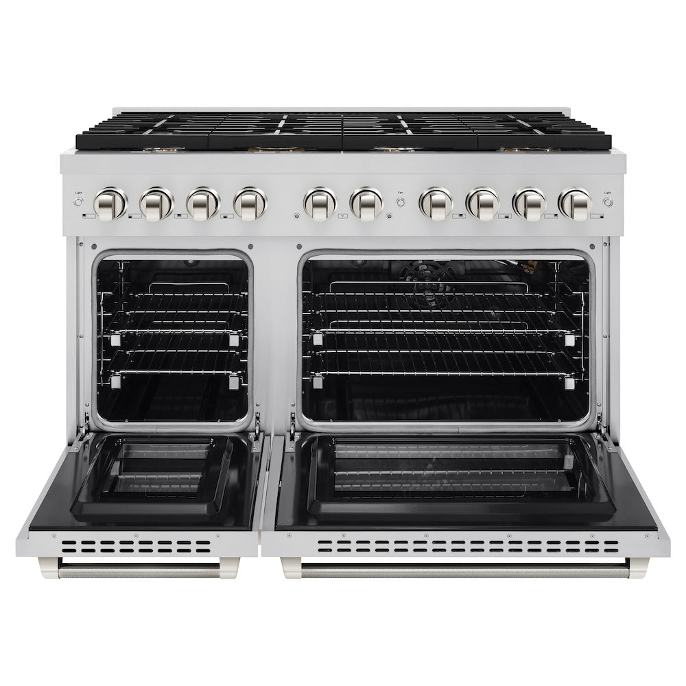 ZLINE Autograph Edition 48 in. 6.7 cu. ft. Paramount Double Oven Gas Range with 8 Burner Cooktop in Stainless Steel and Polished Nickel Helix Handles and Knob Accents (SGRZ-48-KPN) front, open.