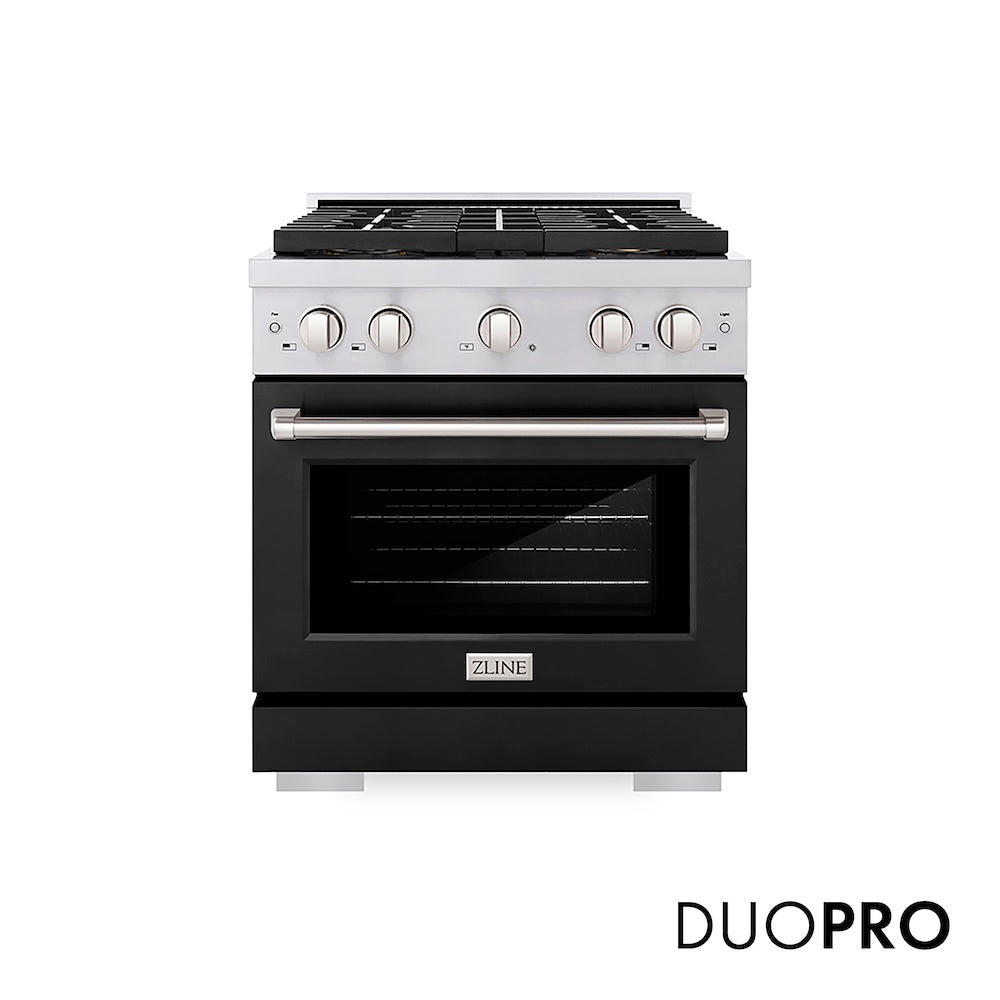 ZLINE 30 in. 4.2 cu. ft. Paramount Gas Range with 4 Burner DuoPro™ Cooktop and Convection Gas Oven with Black Matte Door (PSGR-BLM-30) main image.
