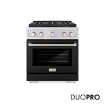 ZLINE 30 in. 4.2 cu. ft. Paramount Gas Range with 4 Burner DuoPro™ Cooktop and Convection Gas Oven with Black Matte Door (PSGR-BLM-30) front, with DuoPro™ logo.
