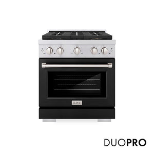 ZLINE 30 in. 4.2 cu. ft. Paramount Gas Range with 4 Burner DuoPro™ Cooktop and Convection Gas Oven with Black Matte Door (PSGR-BLM-30) main image.