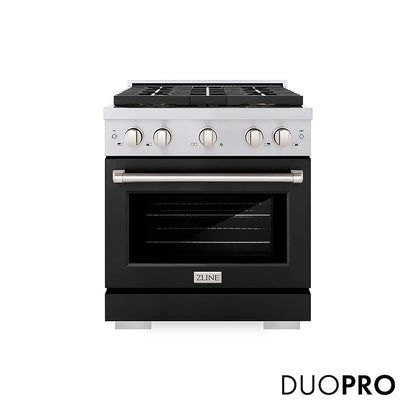 ZLINE 30 in. 4.2 cu. ft. Paramount Gas Range with 4 Burner DuoPro™ Cooktop and Convection Gas Oven with Black Matte Door (PSGR-BLM-30) front, with DuoPro™ logo.