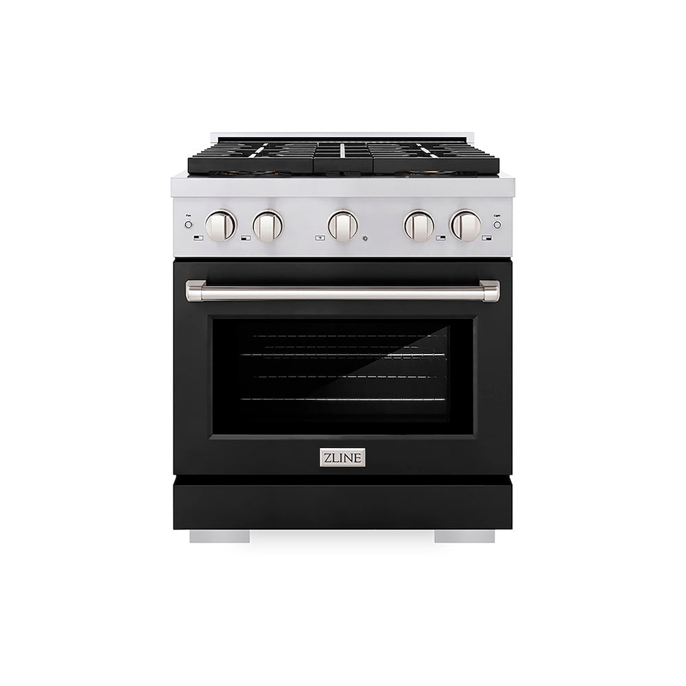 ZLINE 30 in. 4.2 cu. ft. Paramount Gas Range with 4 Burner DuoPro™ Cooktop and Convection Gas Oven with Black Matte Door (PSGR-BLM-30) front.